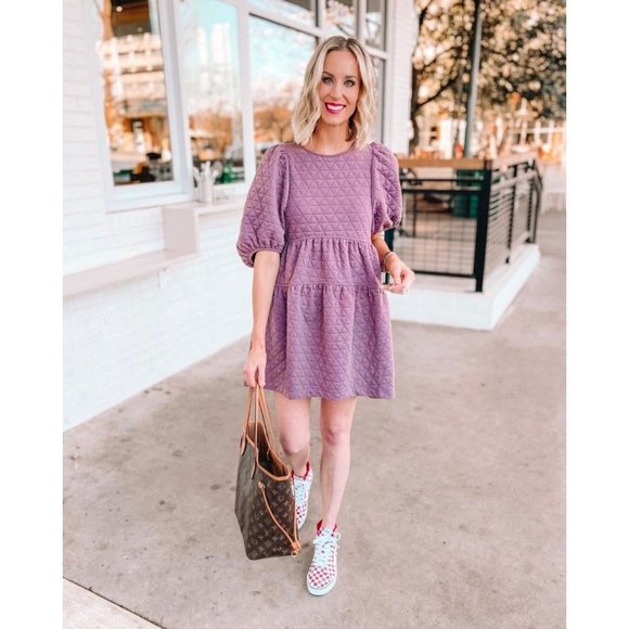 A New Day Women Knit Dress Large Quilted Purple Half Sleeve Mini Soft Tiered New - Picture 10 of 12